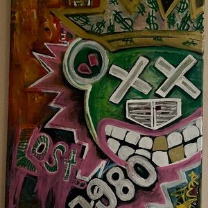 Contemporary Graffiti Art Canvas with Green and Pink Highlights “The HustlerKing